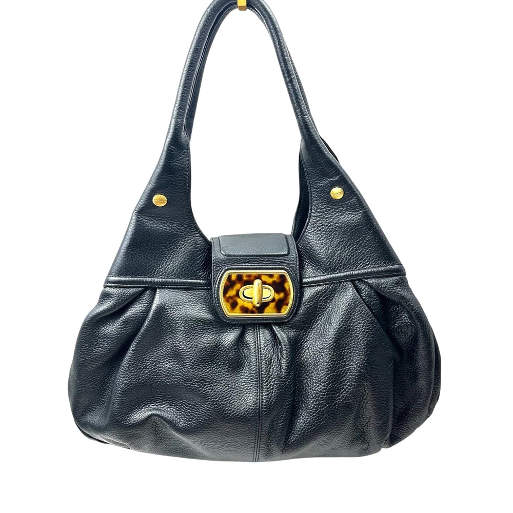 VTG Brahmin Black Leather Slouchy Hobo Bag Tortoise Turnlock Y2K Shoulder Purse